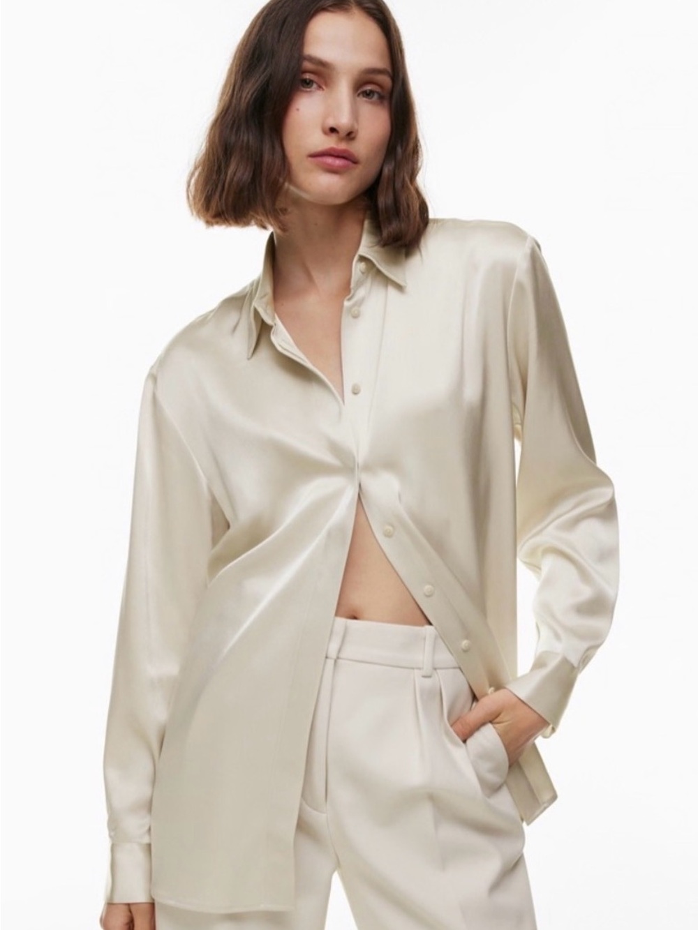 Babaton Aritzia Ivory Button-Up Satin Blouse